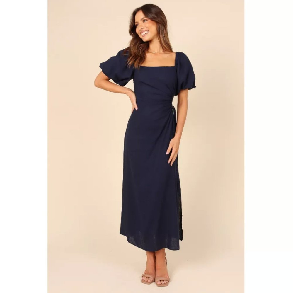 Petal & Pup Chloe Navy Blue Cut Out Puff Sleeve Midi Dress S